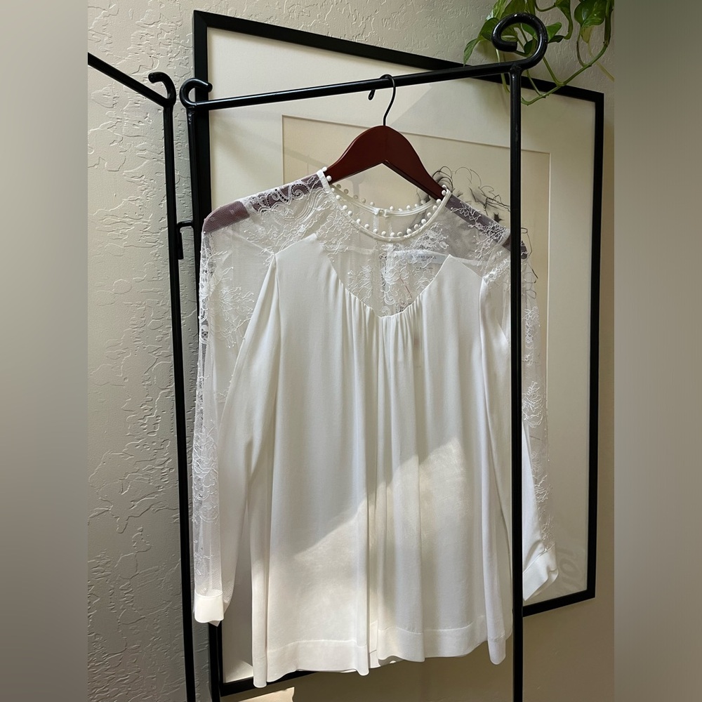 Gerard Darel White Lace-Trim Chemise Top